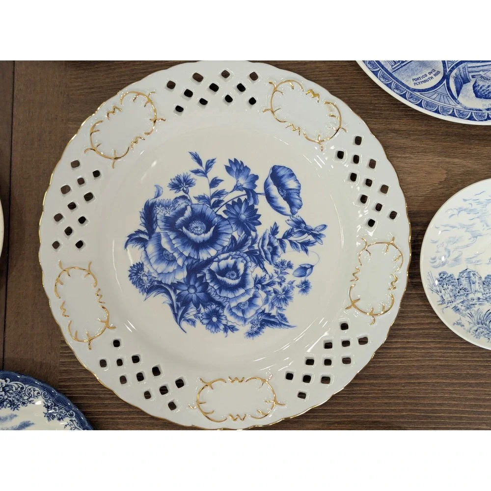 Vintage Blue White Transferware Plate Wall Gallery Set 8pc Mixed Sizes Cobalt